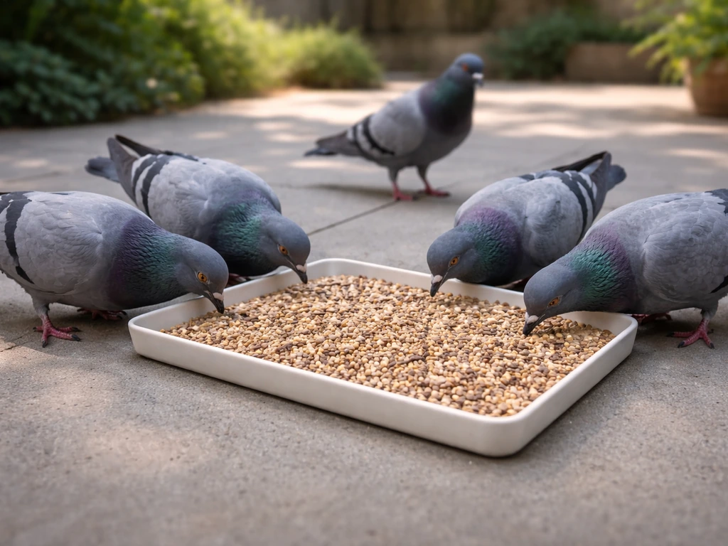 Gray pigeons eating dry wild bird seed from a clean tray on the ground, tidy and mess-free