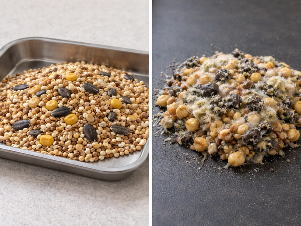 Two-sided photo: clean dry birdseed in a tray beside moldy, clumped seed on a dark surface.