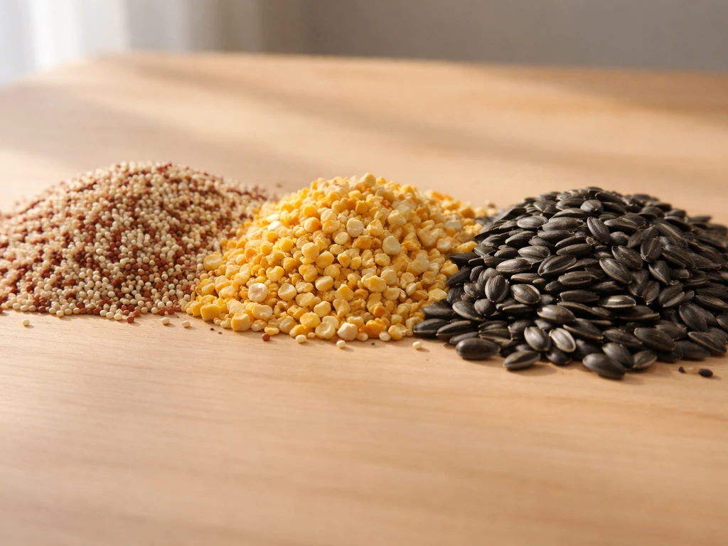 Close-up of millet, cracked corn, and black oil sunflower seeds in separate piles on a tabletop.