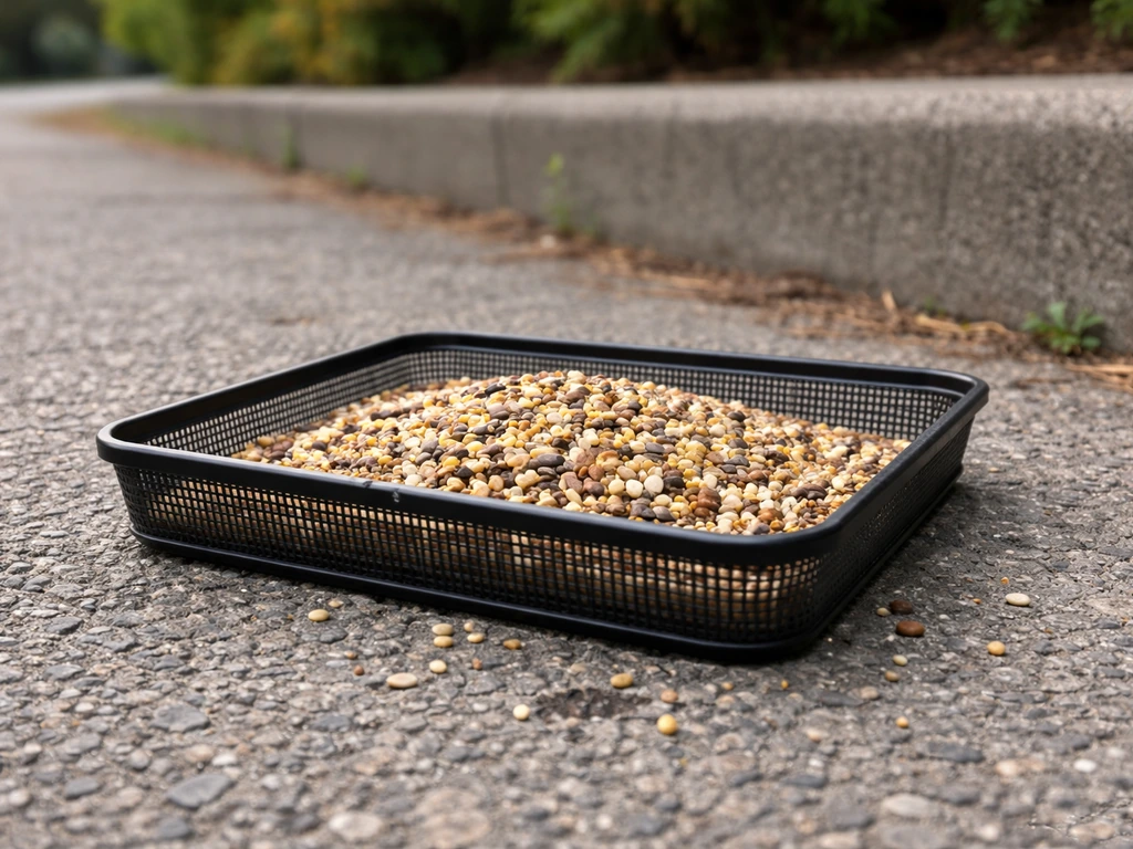 Ground-level photo of a flat tray with a measured portion of dry wild bird seed on pavement