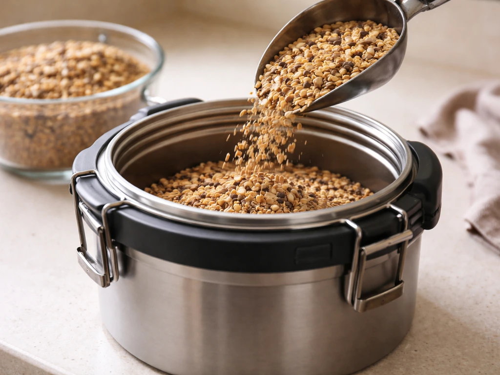 Dry seed being scooped into a hard-sided airtight container to keep it moisture-free.