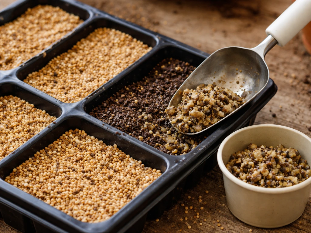 Close-up of a seed tray with wet clumped seed being scooped into a discard container.