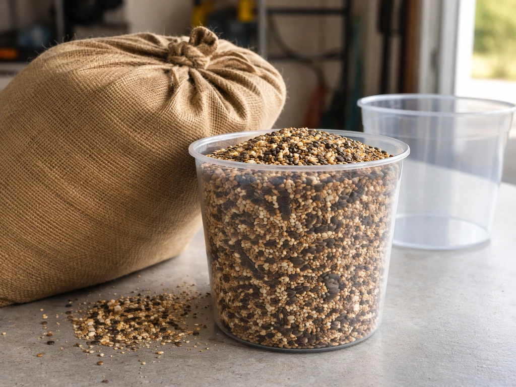 Close-up of a 20 lb bag of bird seed pouring into a clear measuring container to estimate gallons.
