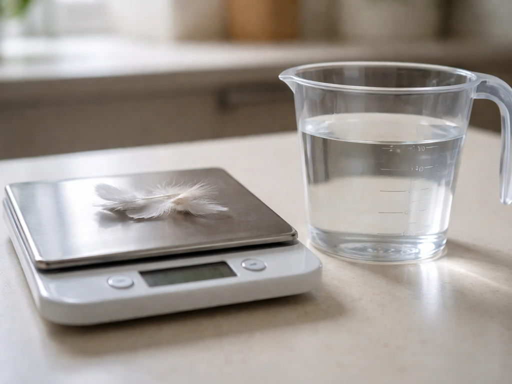 Digital kitchen scale with feathers next to a clear measuring cup filled with water.