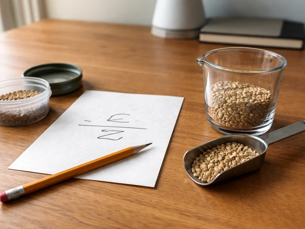 Measuring scoop and seed container beside a simple formula layout on a work table.