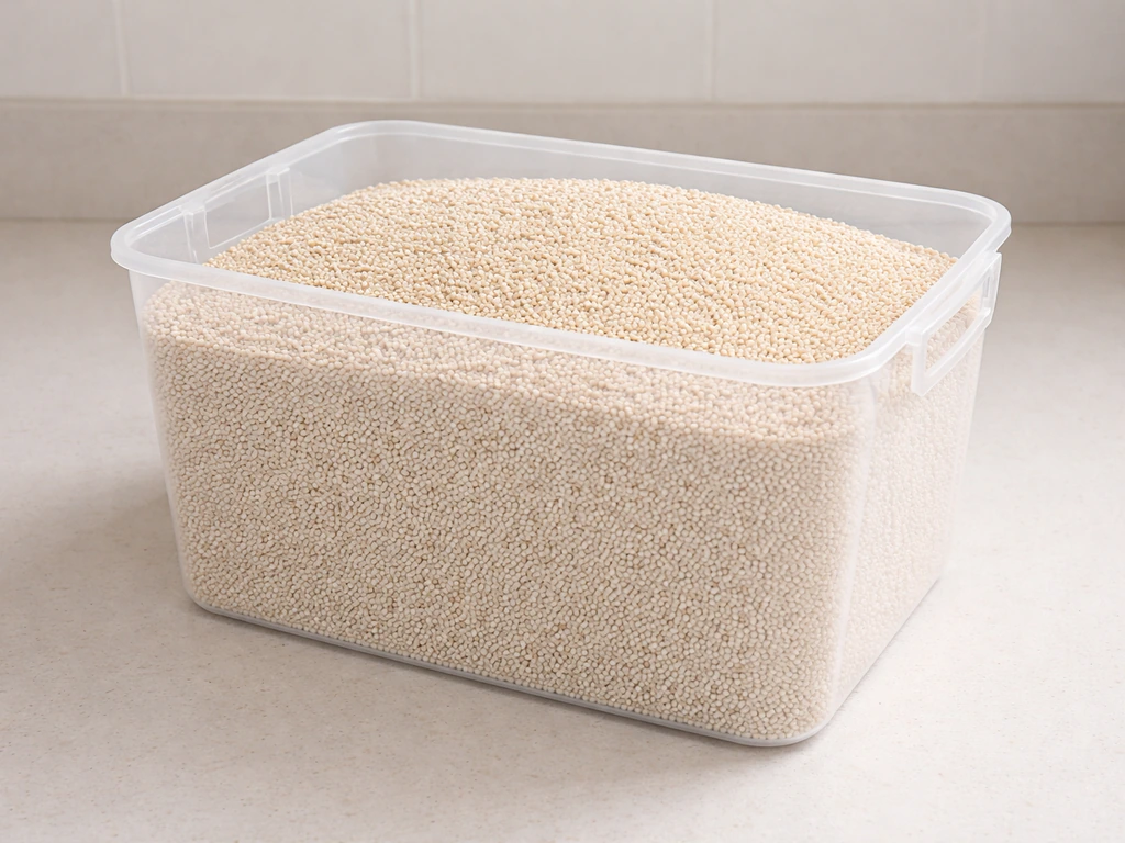 Open bin filled with white proso millet seeds, showing dense grain texture and container volume.