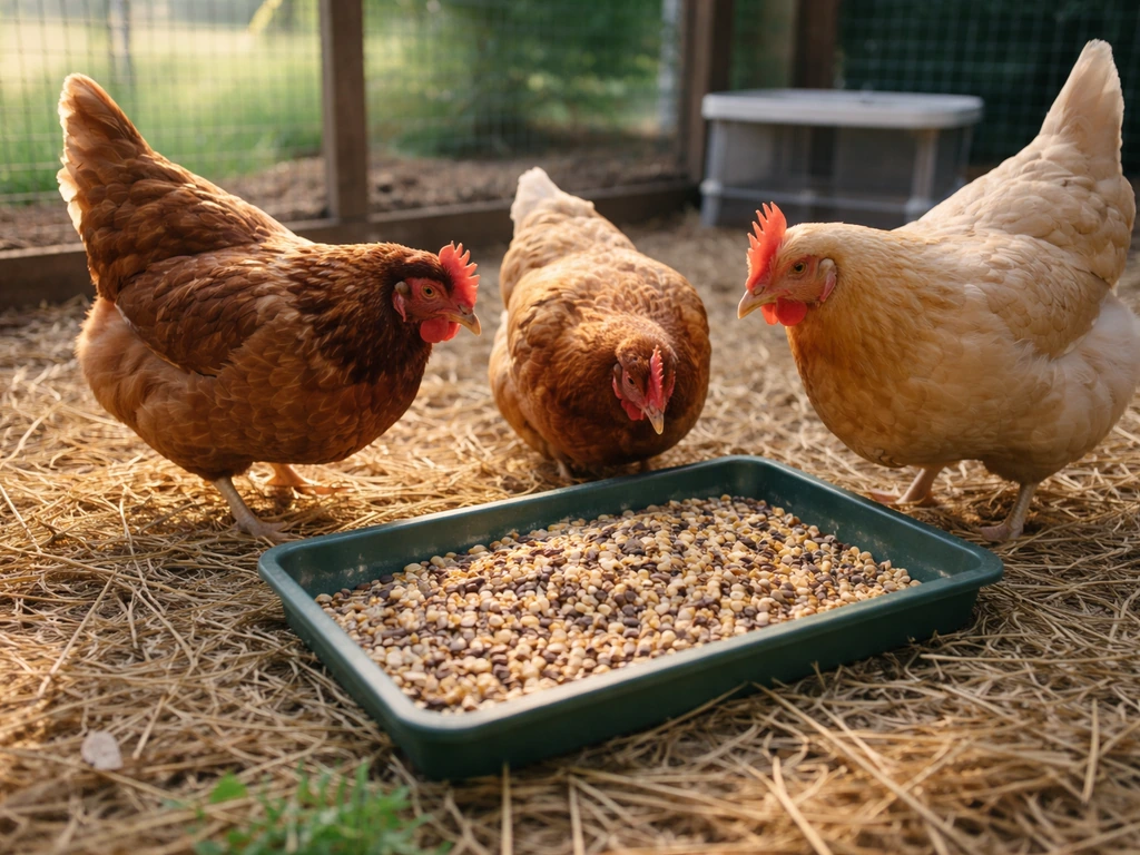 Chickens in a backyard coop near a ground tray holding mixed bird seed as a treat