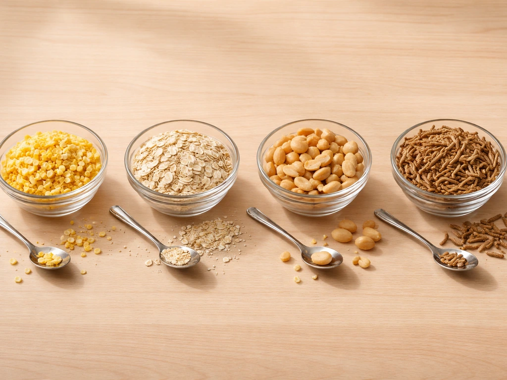 Flat lay of cracked corn, rolled oats, unsalted peanuts, and dried mealworms in small bowls.