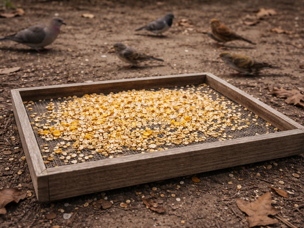 Low platform tray on bare ground with cracked corn and rolled oats, small birds foraging nearby.