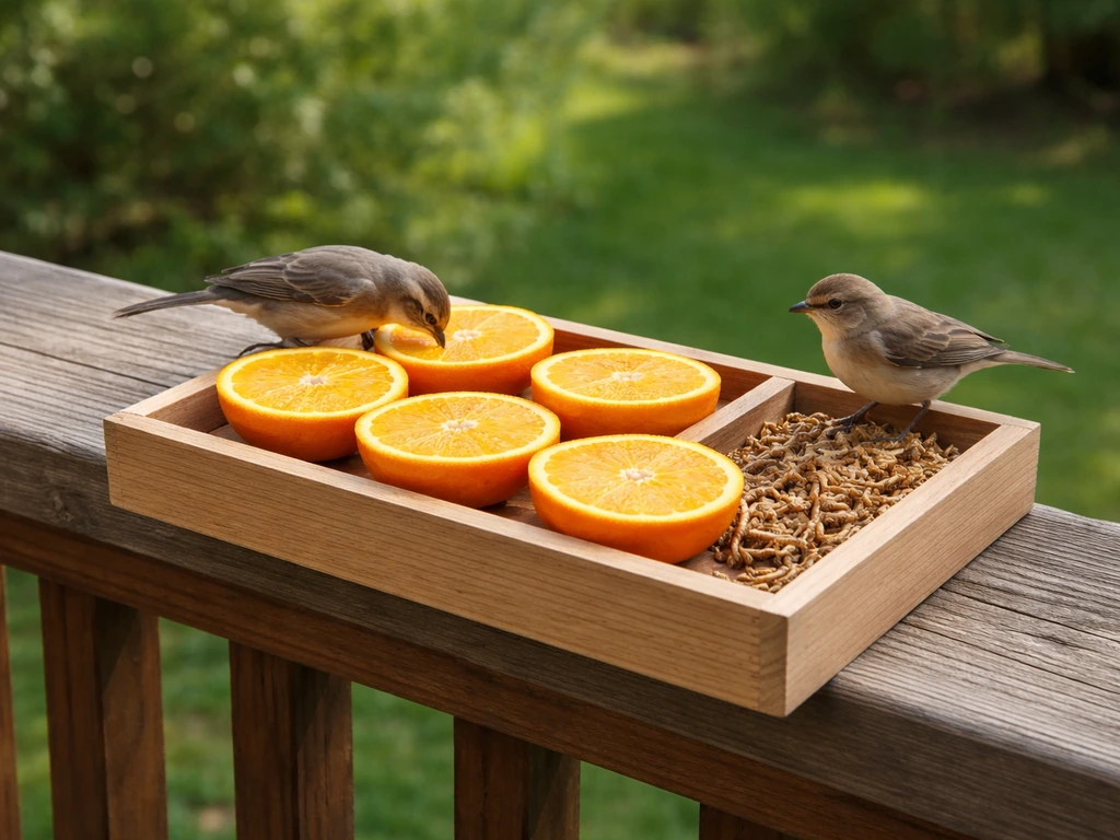 Two small wild birds near a platform feeder with halved oranges and dried mealworms.