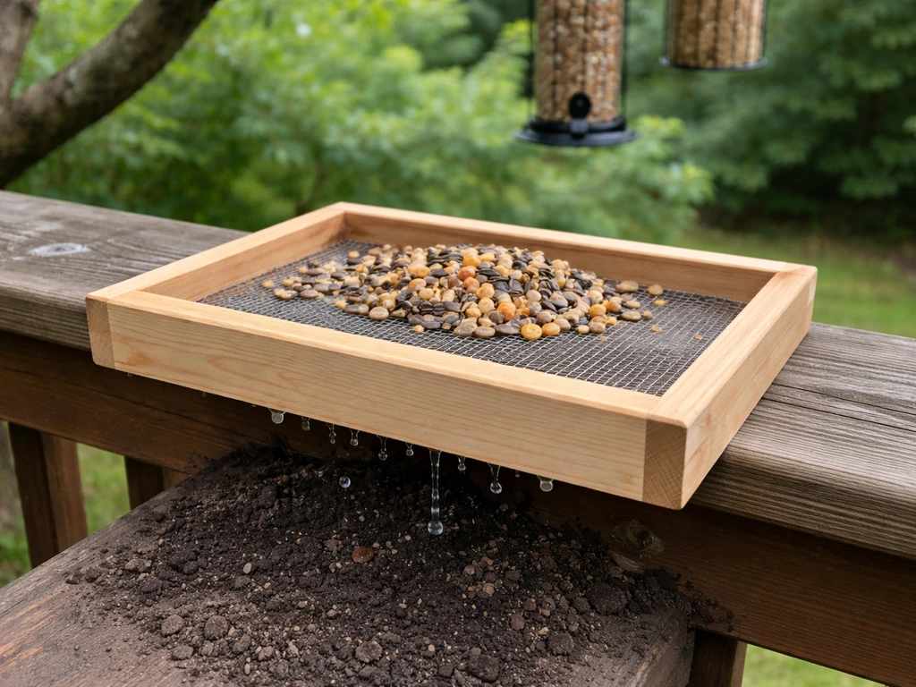 Mesh-bottom platform tray under a bird feeder with drainage visible and a hanging suet cage nearby.