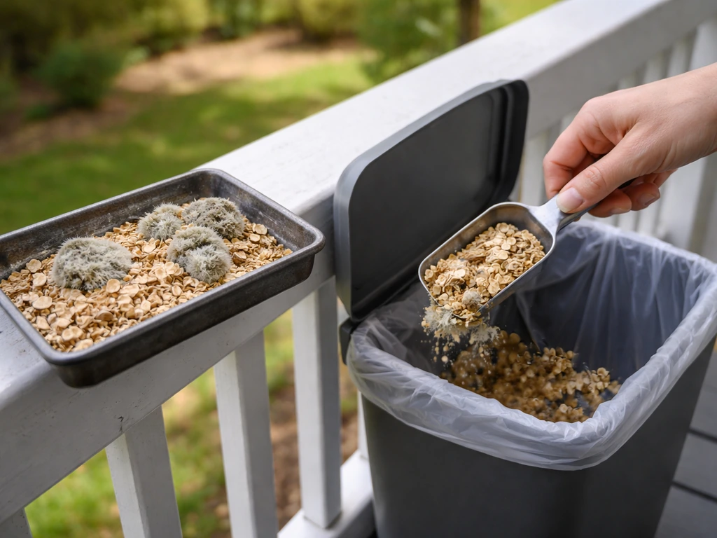 Outdoor bird feeder tray with moldy oats, hand scooping them into a plain trash bin.