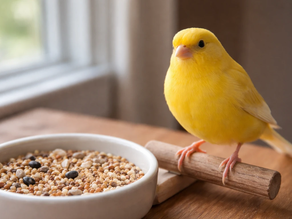 Yellow canary on a perch next to an open dish of mixed wild bird seed by a sunny window.