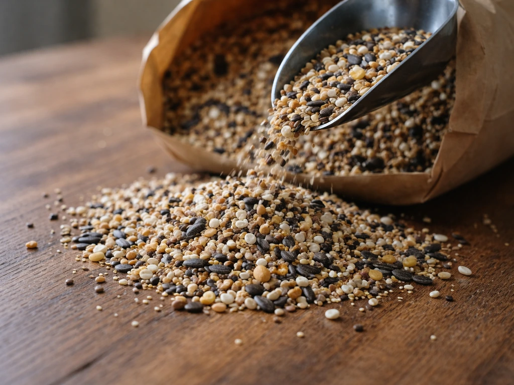 Close-up of a scoop pouring mixed wild bird seeds with varied grains and shells on a wooden surface