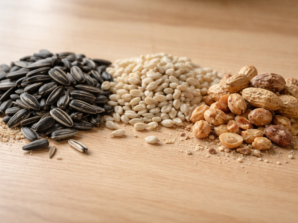 Close-up of sunflower, safflower, and peanut pieces in separate piles with visible seed textures and hulls.