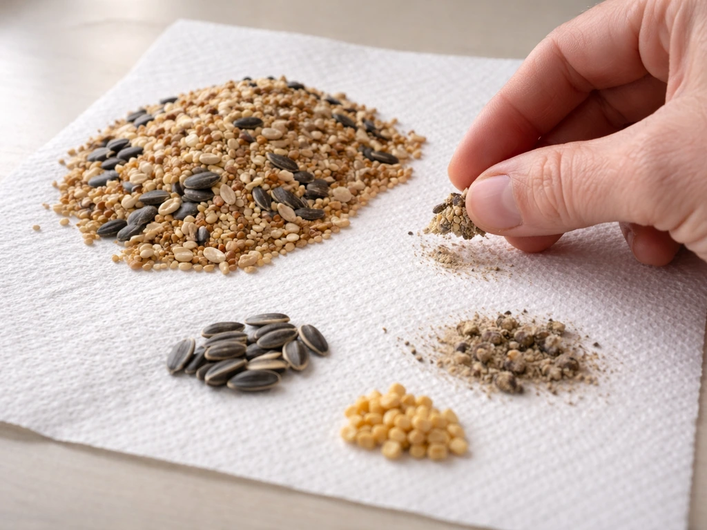 Hand inspecting wild bird seed on a white paper towel, sorting pieces with discoloration and moldy bits.