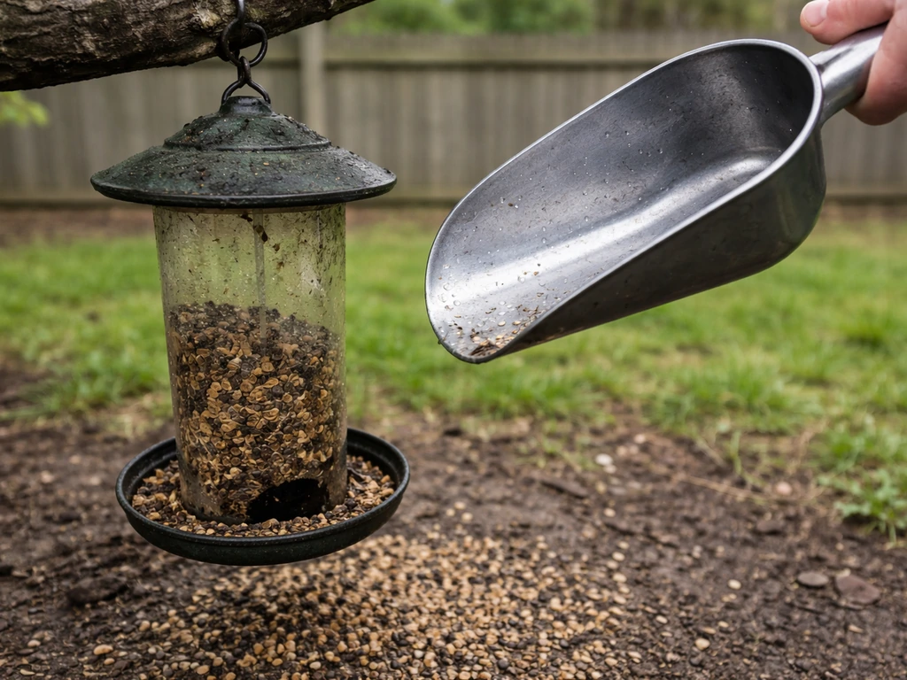 Outdoor bird feeder with an abandoned scoop tipped away, suggesting you should not use feeder seed indoors.