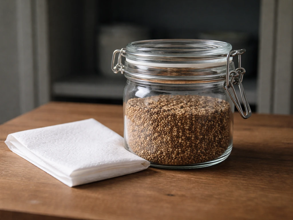Glass jar of clean seeds with paper towel in a cool, dark cabinet-like space