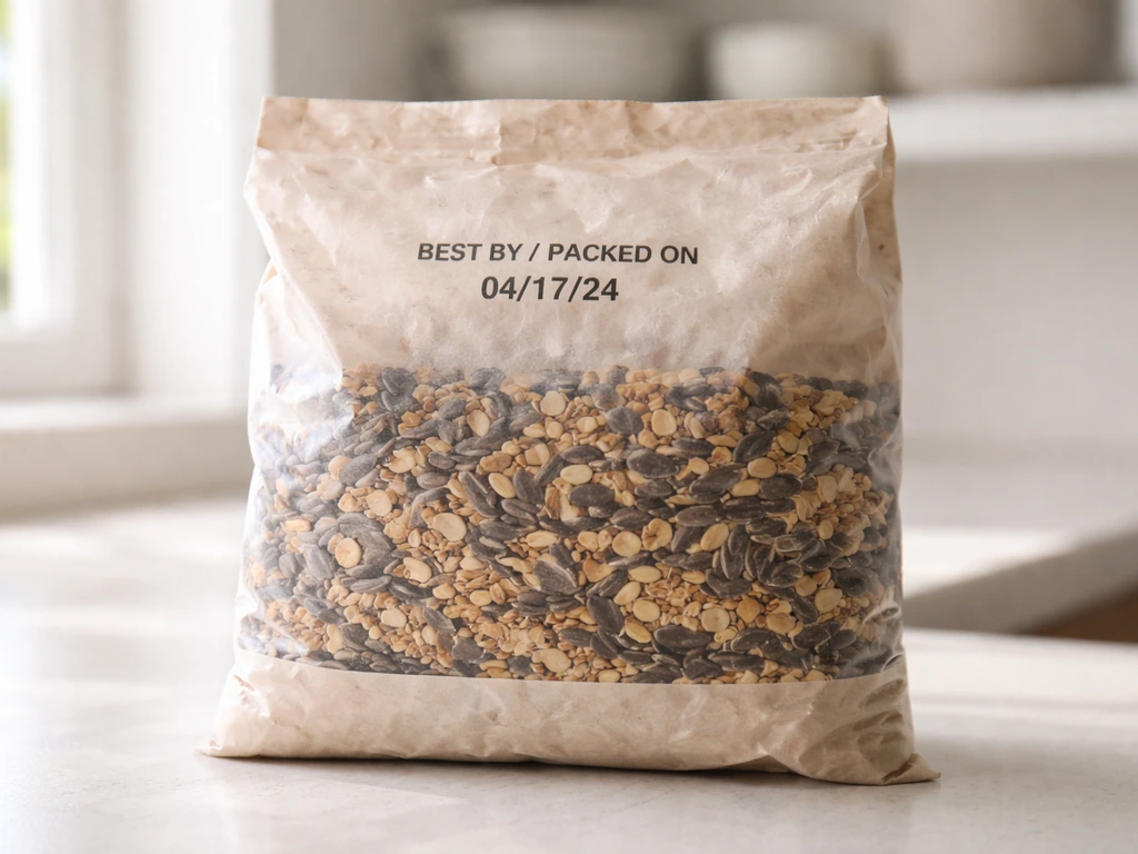 Unopened bag of bird seed with visible best-by/packed-on date on a clean counter background.