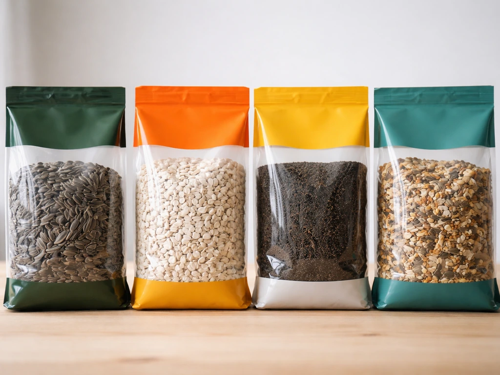 Four unopened bird seed bags (sunflower, safflower, nyjer, mixed) lined up side-by-side on a plain table.