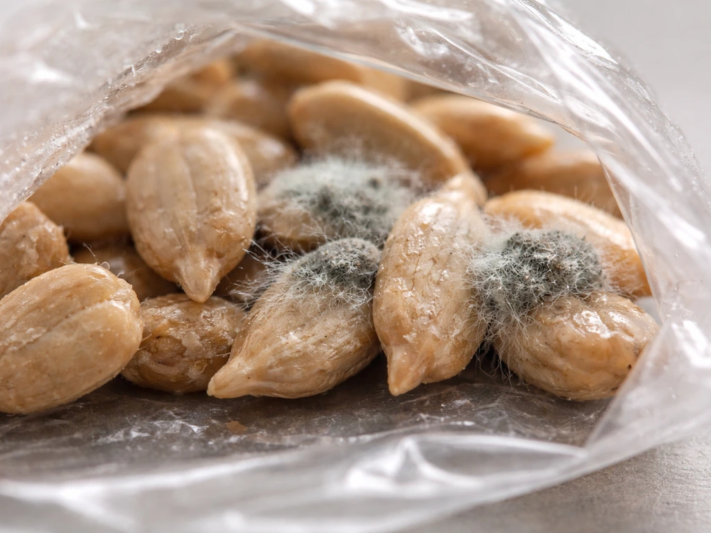 Macro view of seed kernels in a bag with visible mold threads and fuzzy fungal growth