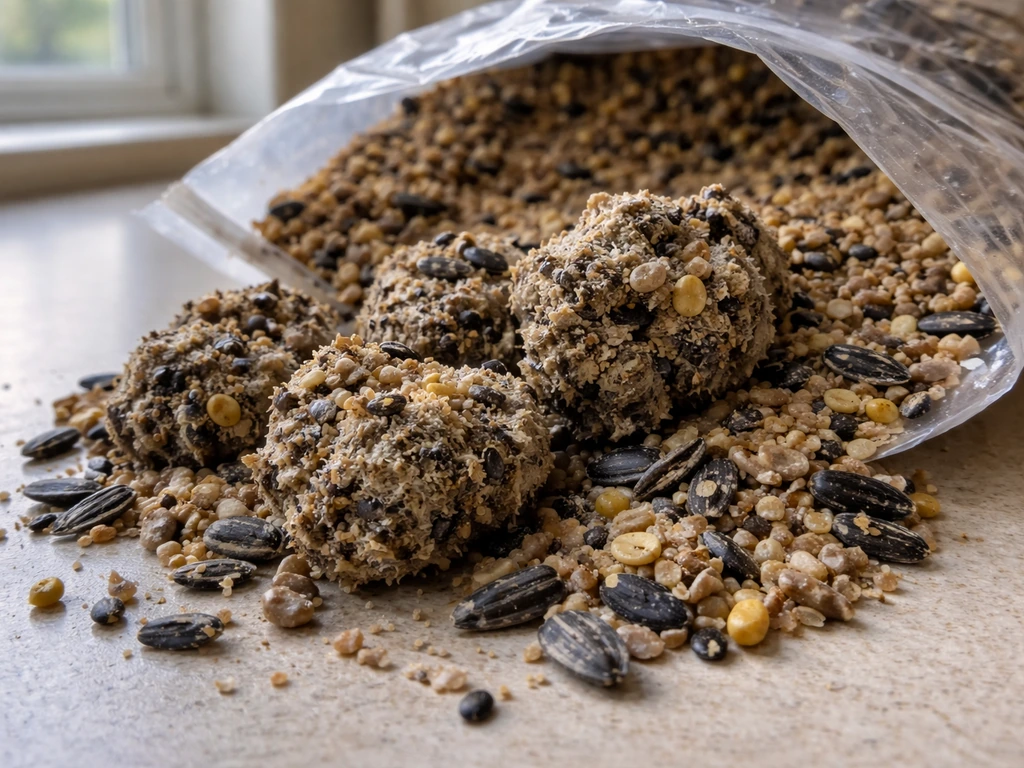 Unopened birdseed bag pouring onto a counter, showing distinct clumps and loose grains from moisture.