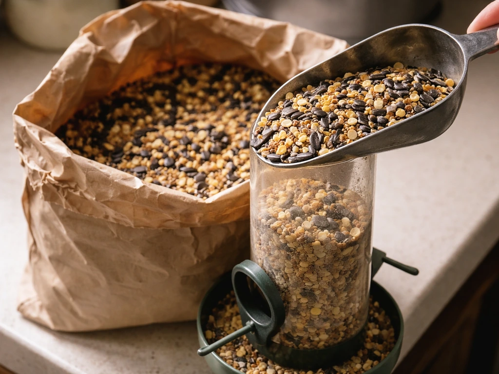 Measured scoop of bird seed from an open bag into a simple feeder under natural light.