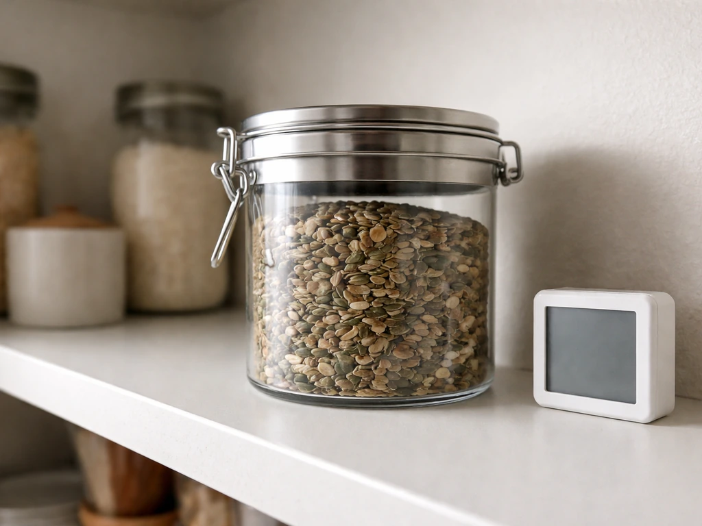 Airtight metal seed container with lid in a cool, dry pantry beside a thermometer-hygrometer