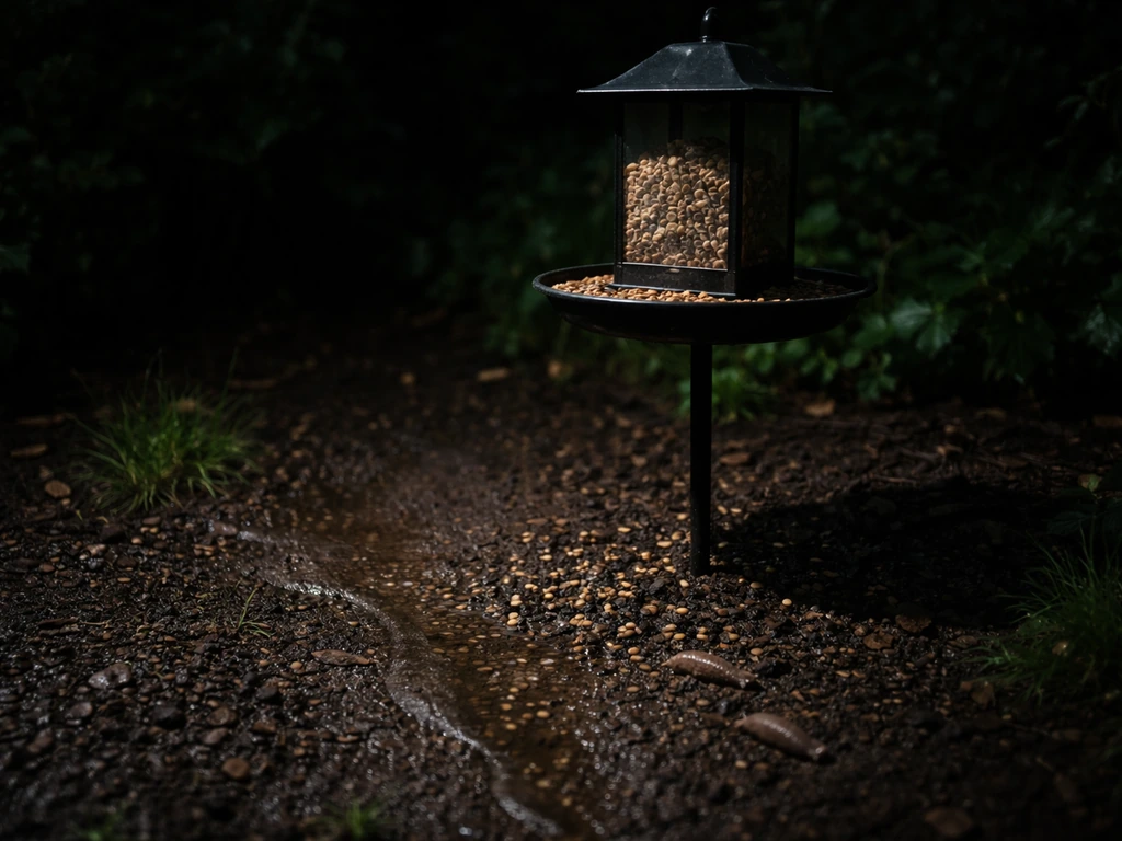 Night garden near a bird feeder with wet soil and subtle slug trails around spilled seed.