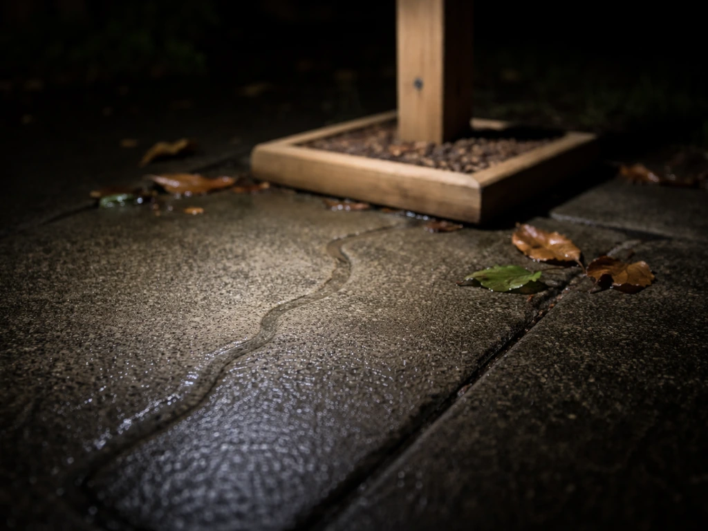 Night close-up of flashlight inspecting a bird feeder area with faint slug trail signs on the ground.