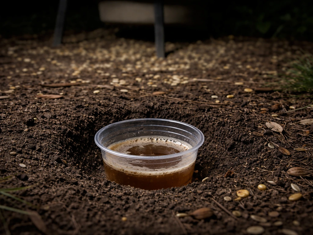Small beer trap container sunk in soil near a feeder at night, bait liquid visible