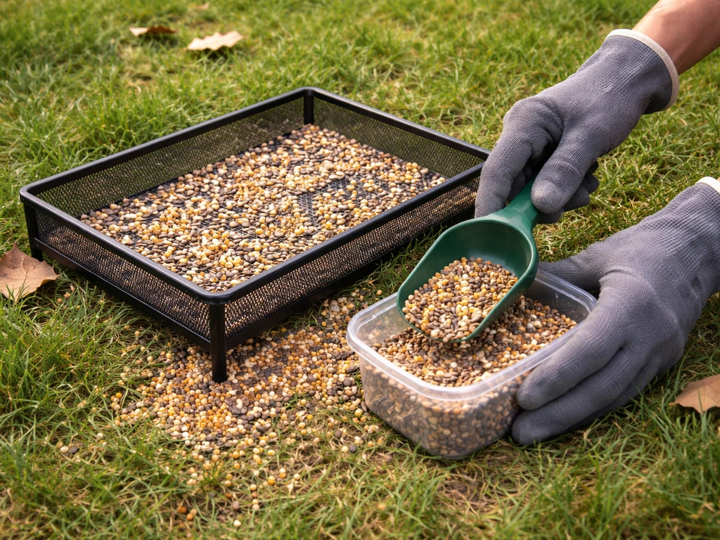 Gloved hands gathering spilled birdseed around a ground-level tray feeder on grass.