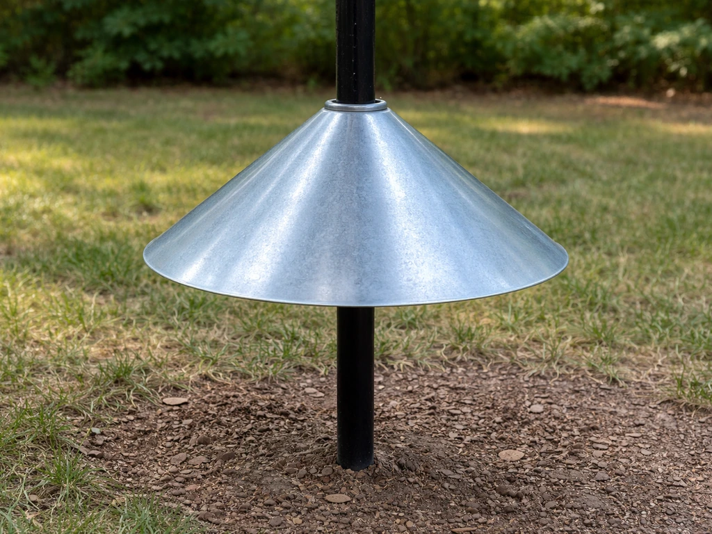Close-up of a smooth metal pole baffle on a feeder pole, set 12–18 inches above the ground.