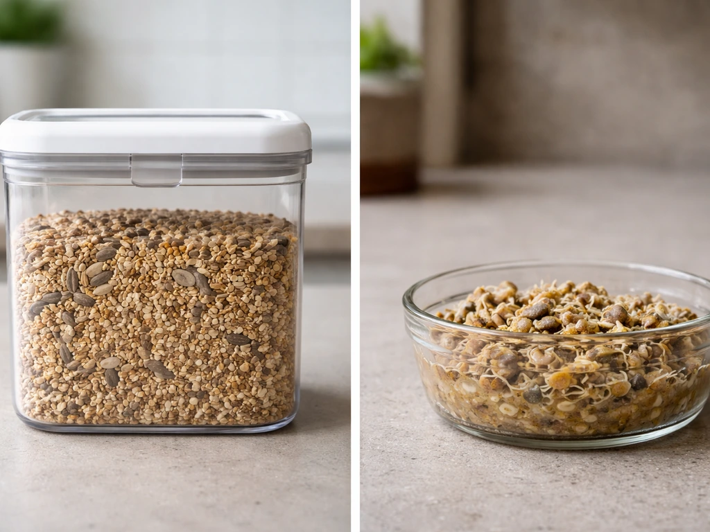 Before/after: dry bird seed in an airtight container contrasted with damp, clumped sprouting seed.