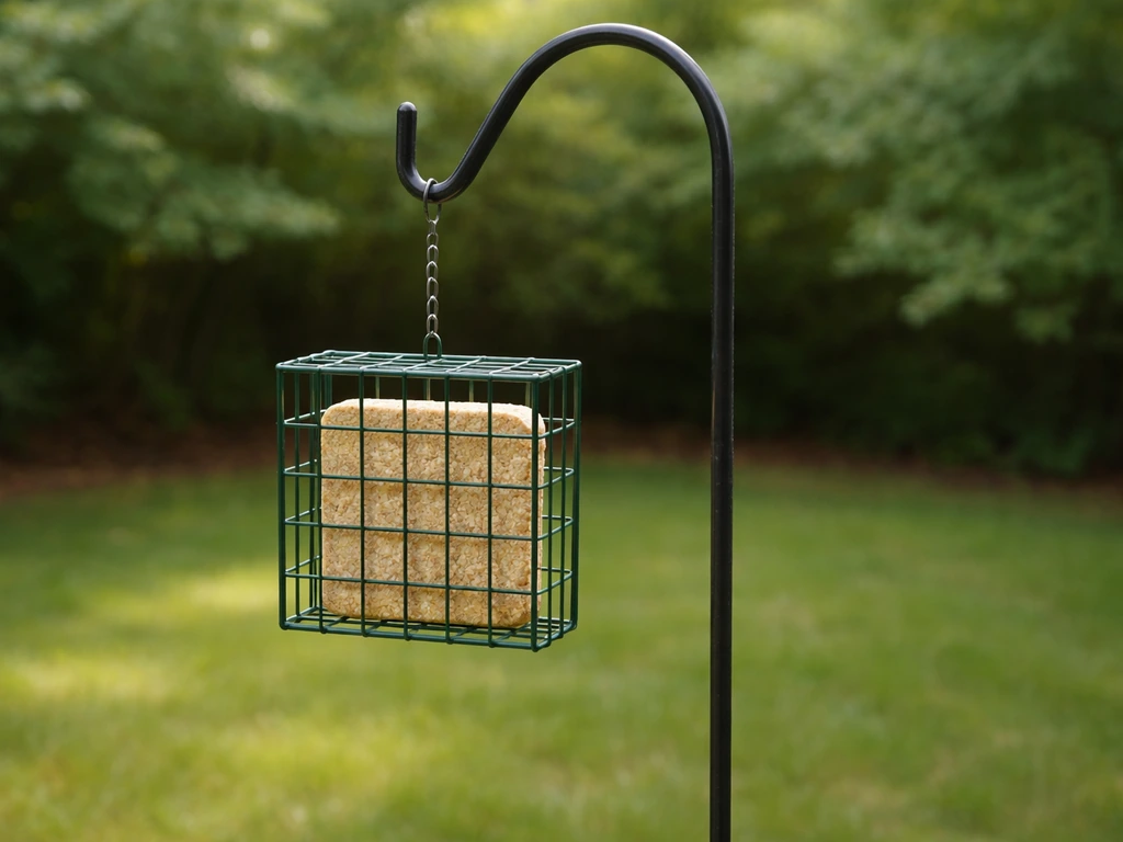 Backyard bird suet feeder with a visible suet block on a simple feeder station.