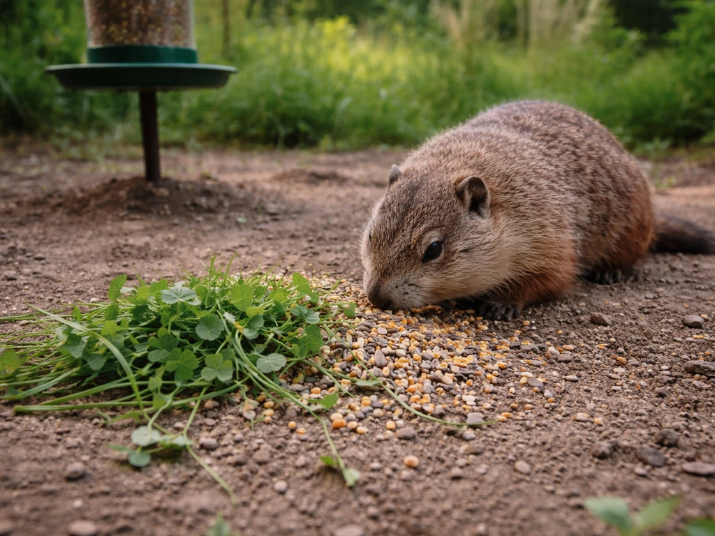 Woodchuck forages near a bird feeder among scattered bird seed and clover/grass in a backyard