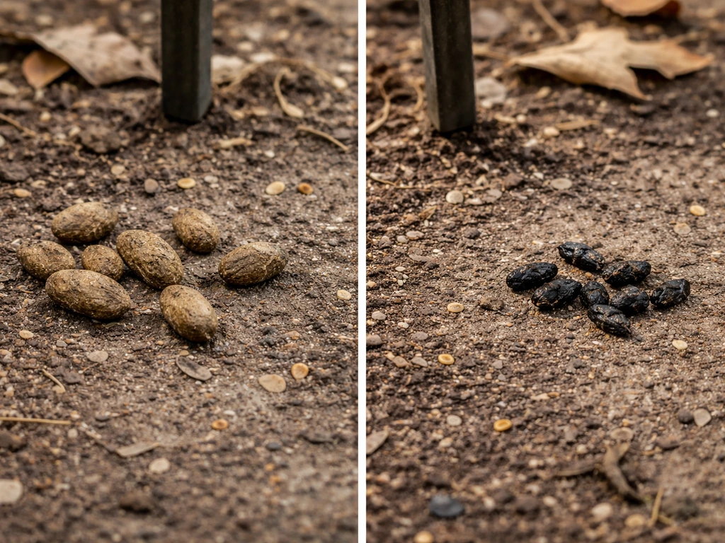 Close-up of woodchuck-like scat near a bird feeder with a second, clearly different animal scat type nearby.