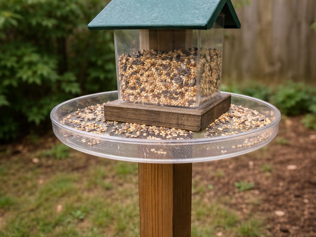 Garden bird feeder with a seed-catch tray below, showing reduced seed spillage on the ground