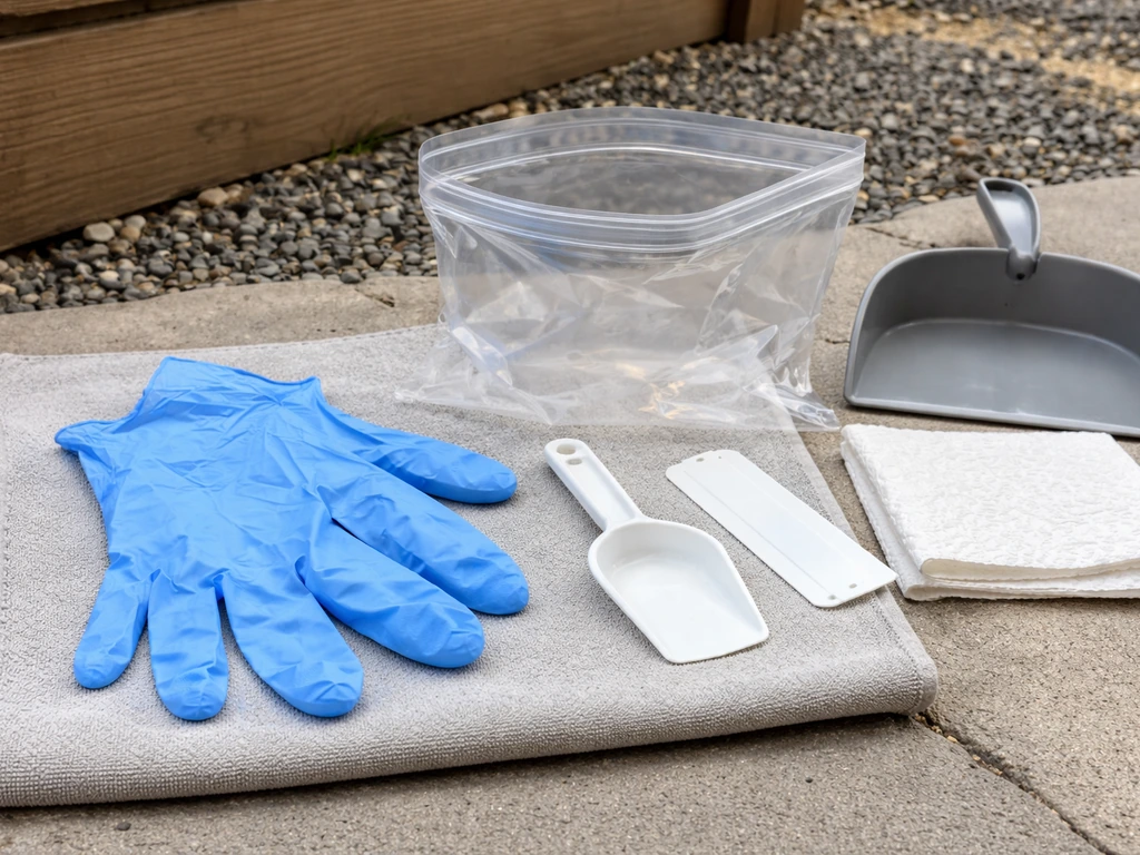 Disposable gloves and small tools beside a sealed plastic bag for contaminated seed disposal.
