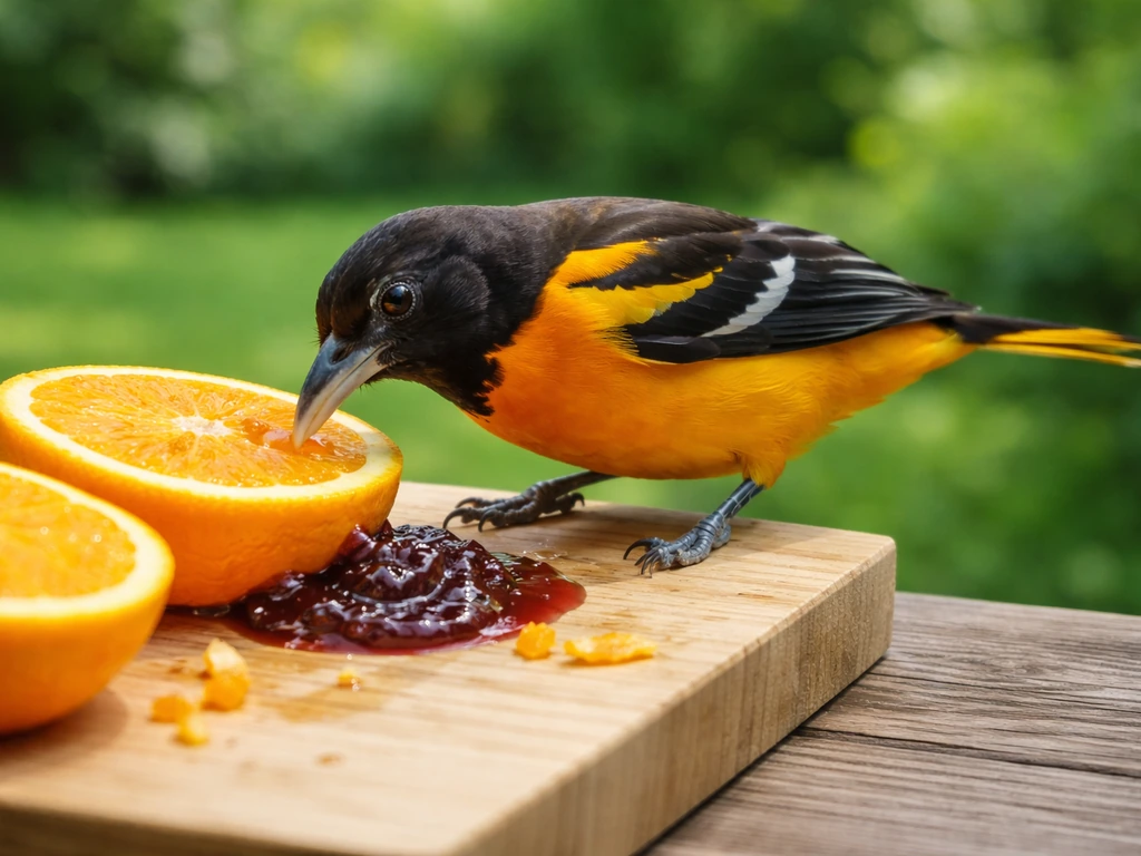 Baltimore oriole perched at a platform feeder eating fresh fruit and jelly in a backyard garden.