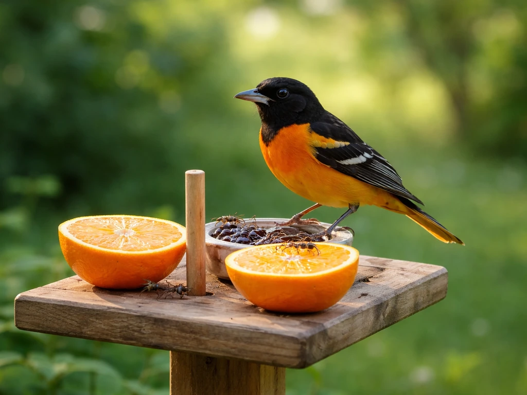Baltimore oriole perched at a backyard feeder with orange fruit, small insects nearby, greenery in soft focus.
