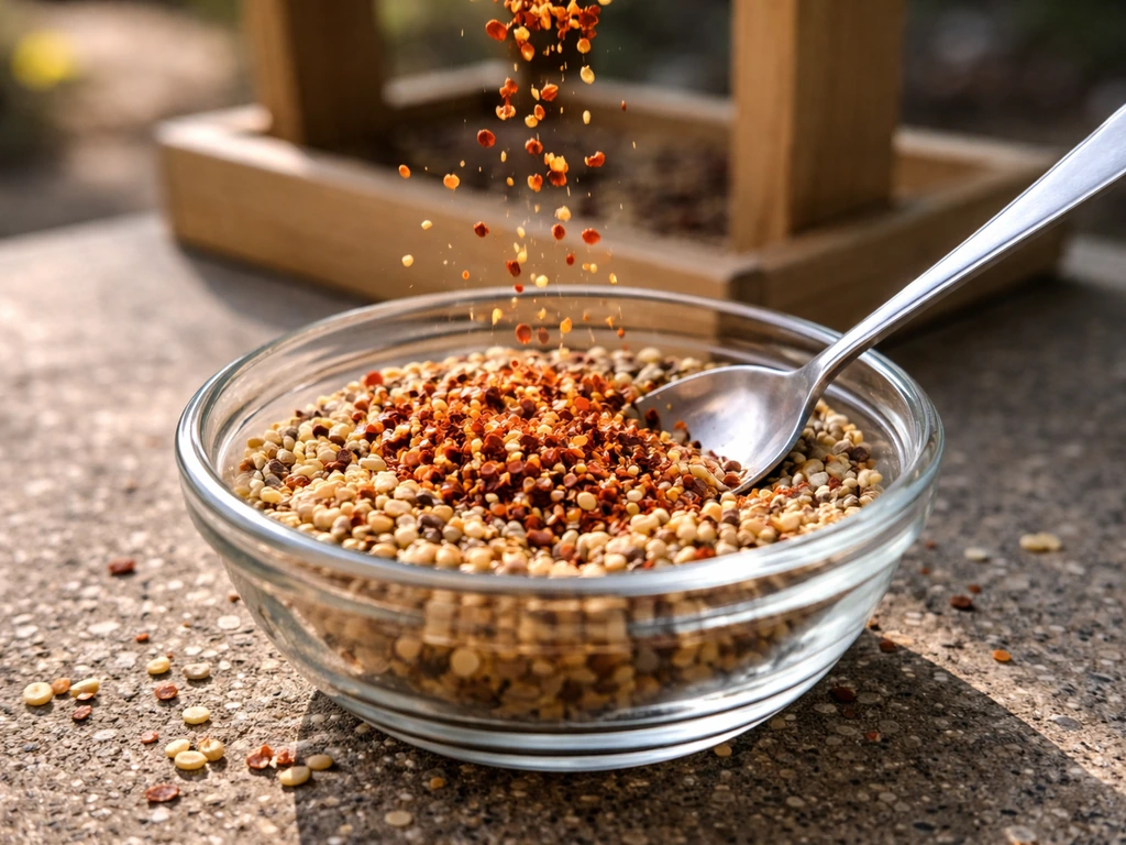 Close-up of red pepper flakes mixed into bird seed beside a bird feeder in soft background light.